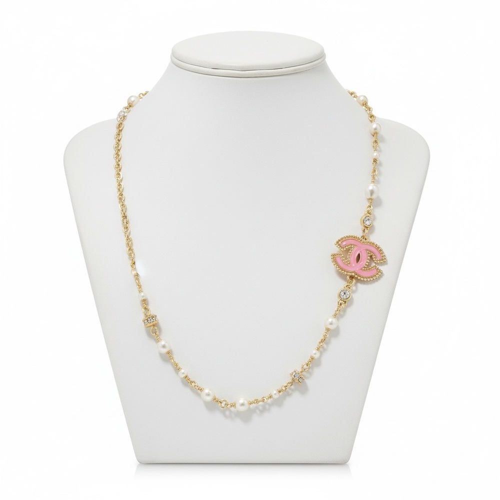 CHANEL Gold Chain Necklace with Pink Enamel CC Strass and Pearl Accents - Picture 2 of 9